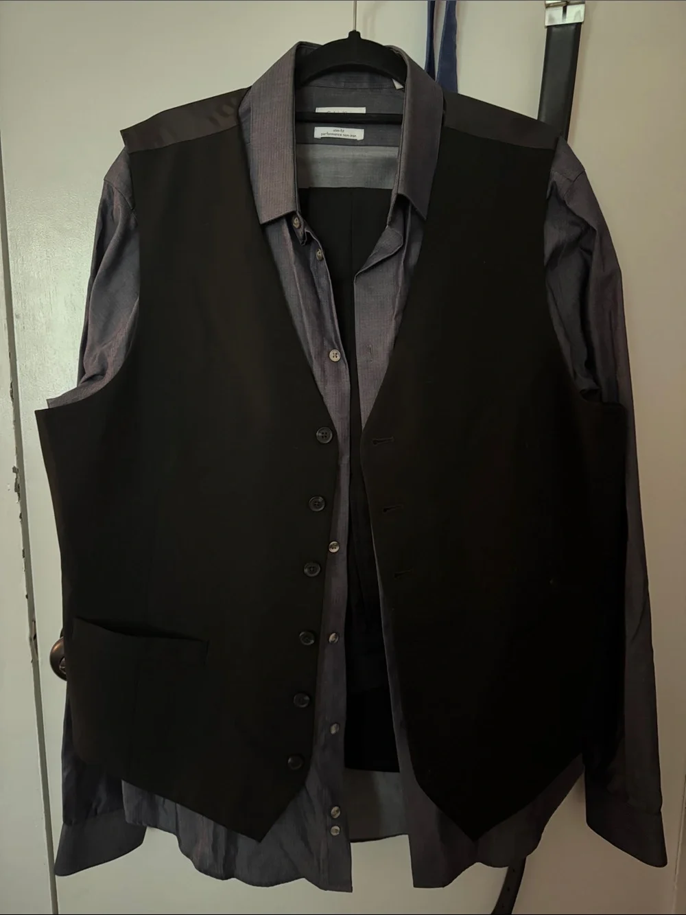 Calvin Klein Black Men's Two-Button Suit Jacket with Blue Tie